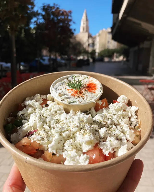 Bol Grec : Salade grecque (tomates, fêta, concombres, oignons rouges, olives de Kalamata, câpres, herbes), tzatziki, pita toasté